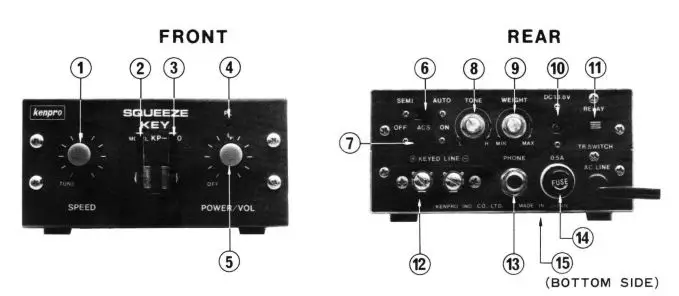KENPRO KP-100 Electronic Squeeze Keyer Instruction Manual - Front & Rear