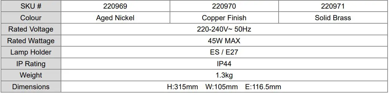 Lucci 220969 Norwest Wall Bracket in Aged Nickel Instruction Manual - Specifications