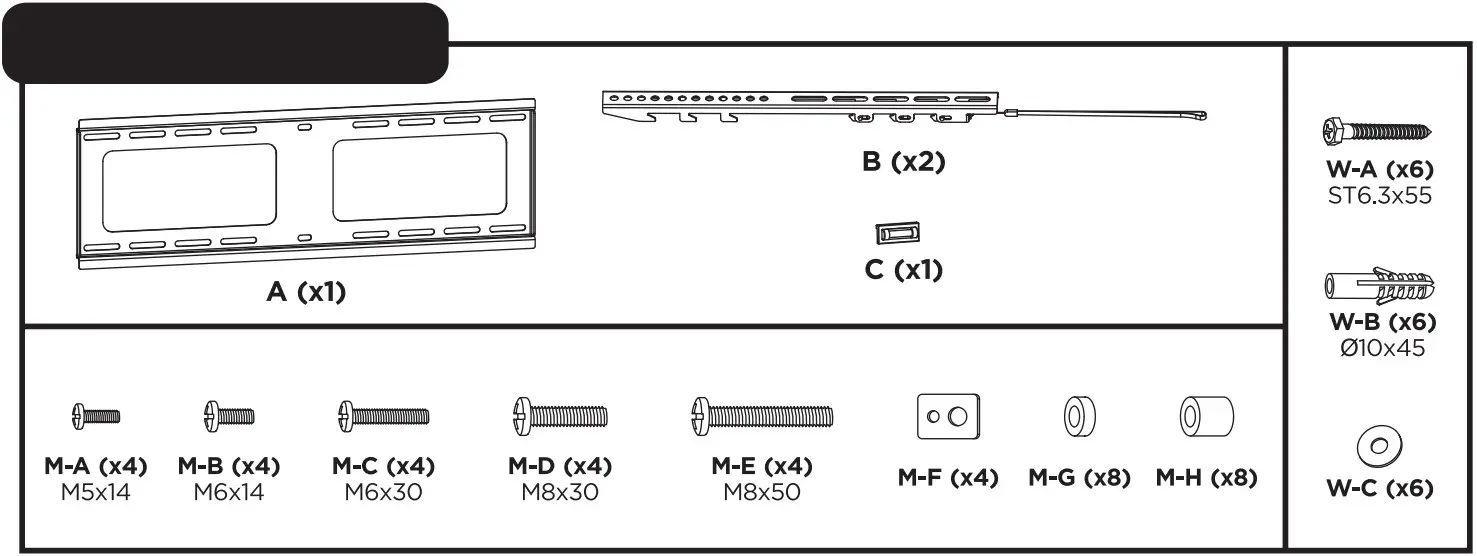 LASER TVB-LUP38-6F Large Fixed Slim Profile TV Wall Mount - Whats in the box
