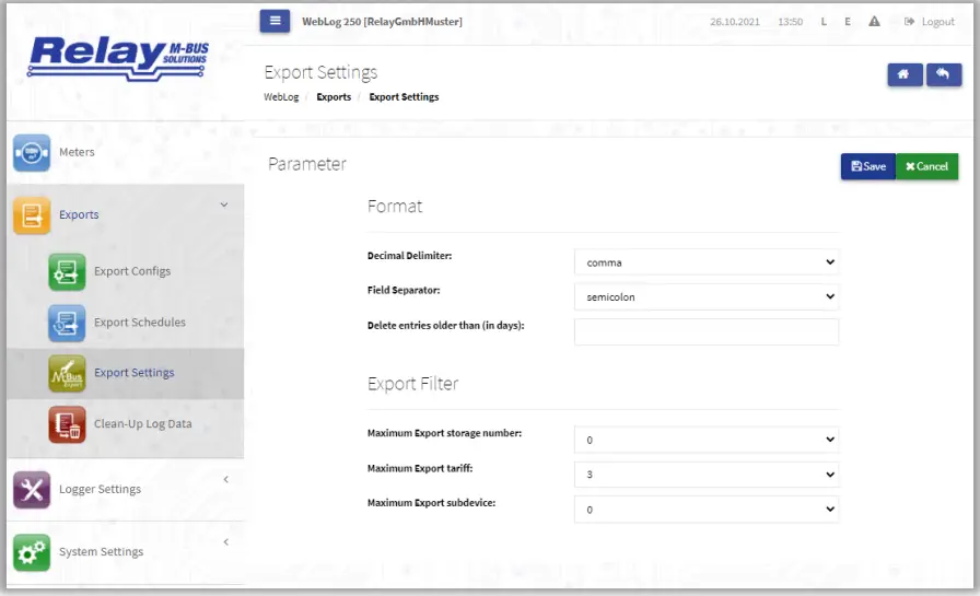 Relay WEBLOG 250 M Bus Datalogger Devices - settings in the Exports