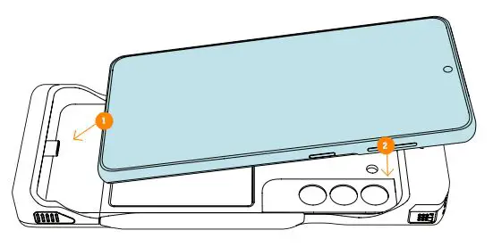 PRIVORO SafeCase Galaxy S21 - Aligning your Galaxy’s USB-C port over SafeCase’s USB-C connector, tuck the bottom of your Galaxy into the base tray and then rest your phone onto the tray
