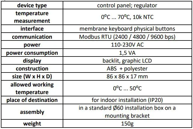 VTS HMI BASIC 2 HY VENTUS Compact with Heater User Manual - Specification