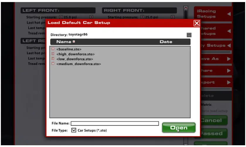 LOADING AN iRACING SETUP