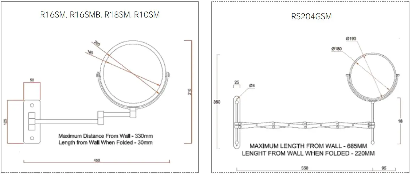 thermogroup Ablaze Non-Lit Magnifying Mirrors Installation Guide - Line Drawings