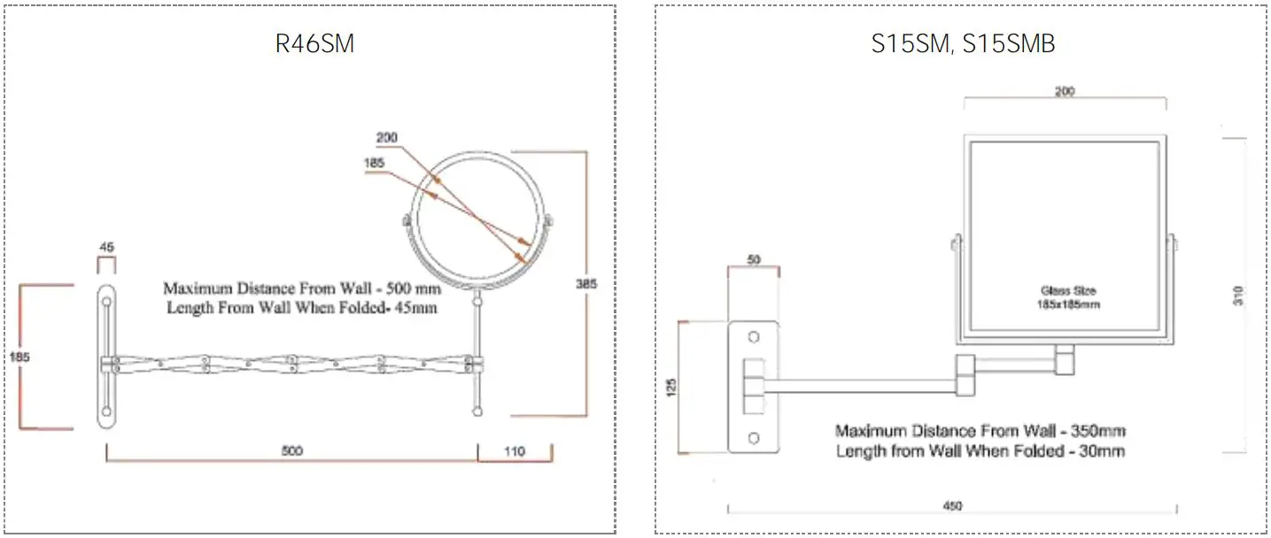 thermogroup Ablaze Non-Lit Magnifying Mirrors Installation Guide - Line Drawings