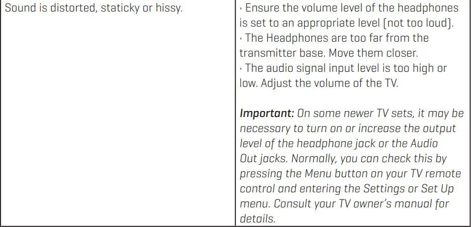 Sharper Image 206077 TV Wireless Headphones User Guide - TROUBLESHOOTING