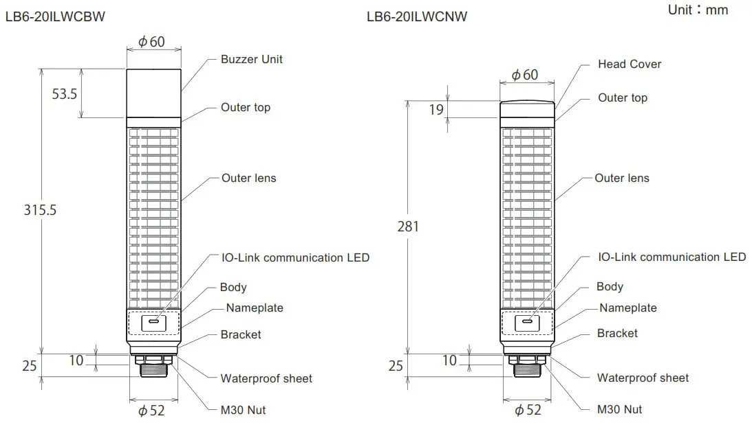PATLITE LB6 IL IO Link Signal Tower - Names and Dimensions 1