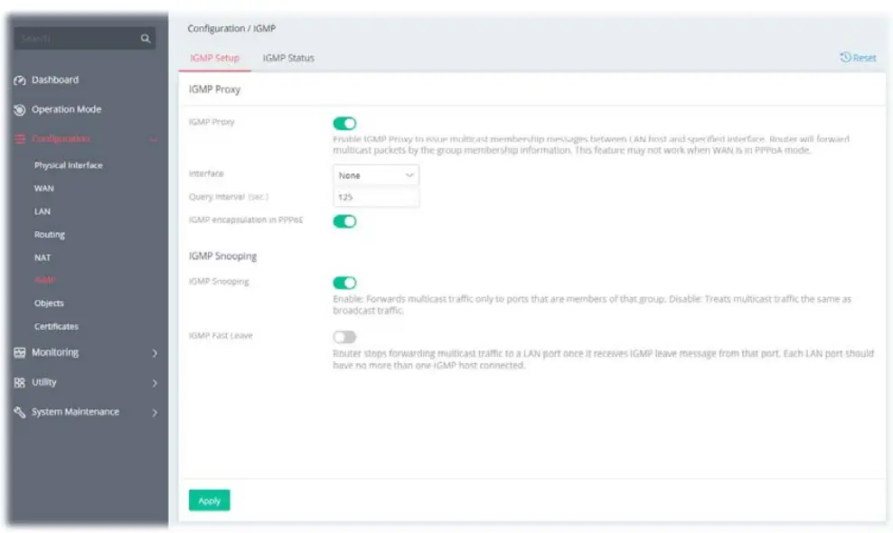 DrayTek Vigor 167 VDSL2 35b and ADSL2+ Modem - IGMP Setup