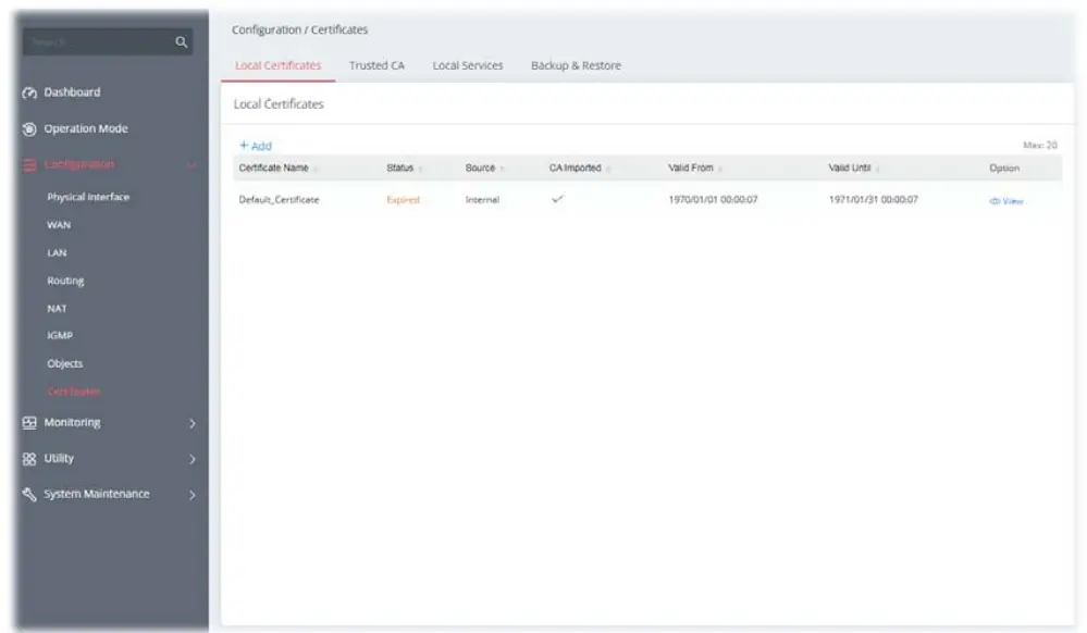 DrayTek Vigor 167 VDSL2 35b and ADSL2+ Modem - Local Certificates