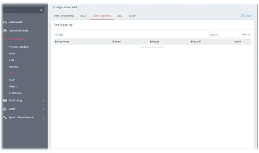DrayTek Vigor 167 VDSL2 35b and ADSL2+ Modem - Port Triggering