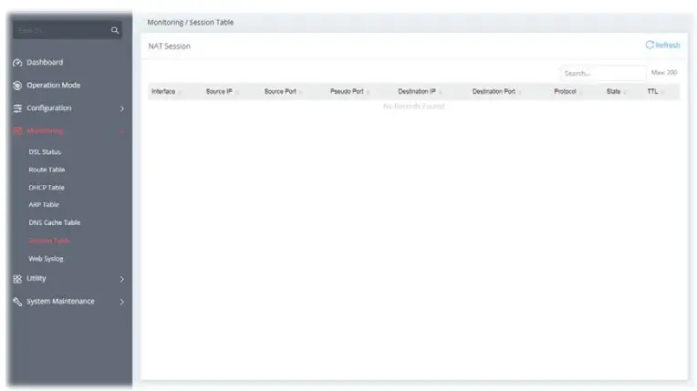 DrayTek Vigor 167 VDSL2 35b and ADSL2+ Modem - Session Table