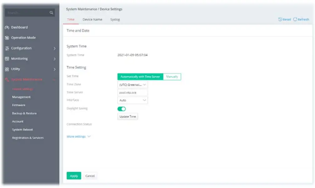 DrayTek Vigor 167 VDSL2 35b and ADSL2+ Modem - Time tab