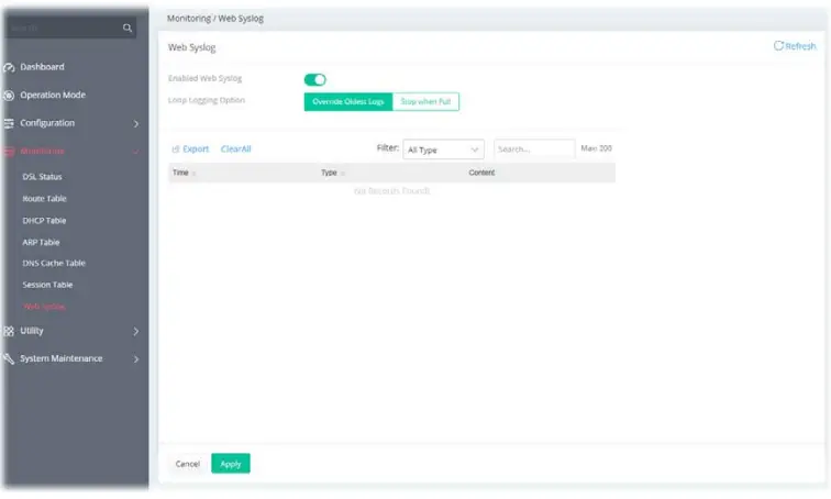 DrayTek Vigor 167 VDSL2 35b and ADSL2+ Modem - Web Syslog
