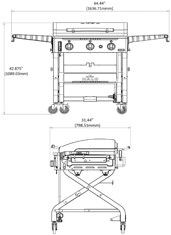 HALO HZ 1002 XNA 3 Burner Propane Griddle - ASSEMBLED DIMENSIONS