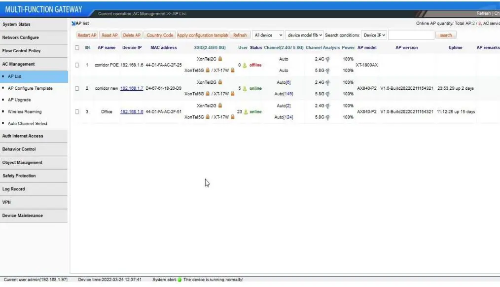 xonTel XT-1500AC Access Controller User Manual - AP Device List
