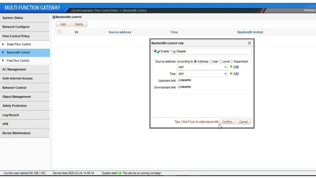 xonTel XT-1500AC Access Controller User Manual - Configure bandwidth speed limit policy