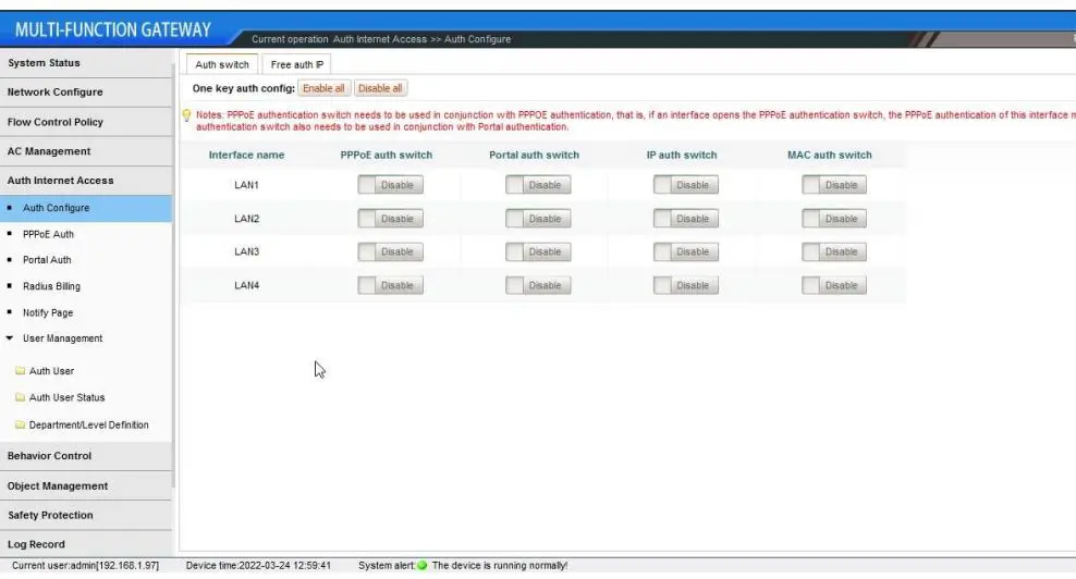 xonTel XT-1500AC Access Controller User Manual - Enable authentication to the Internet