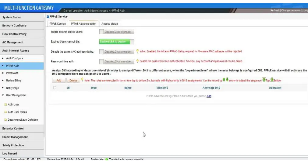 xonTel XT-1500AC Access Controller User Manual - PPPOE Authentications