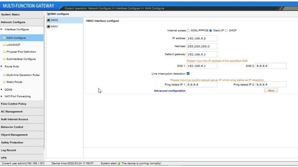 xonTel XT-1500AC Access Controller User Manual - WAN port settings