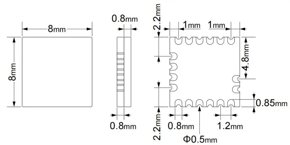 Ehong EH-MC25 Bluetooth Low Energy 5.2 And 2.4G Wireless MCU IoT Module - Dimensional View