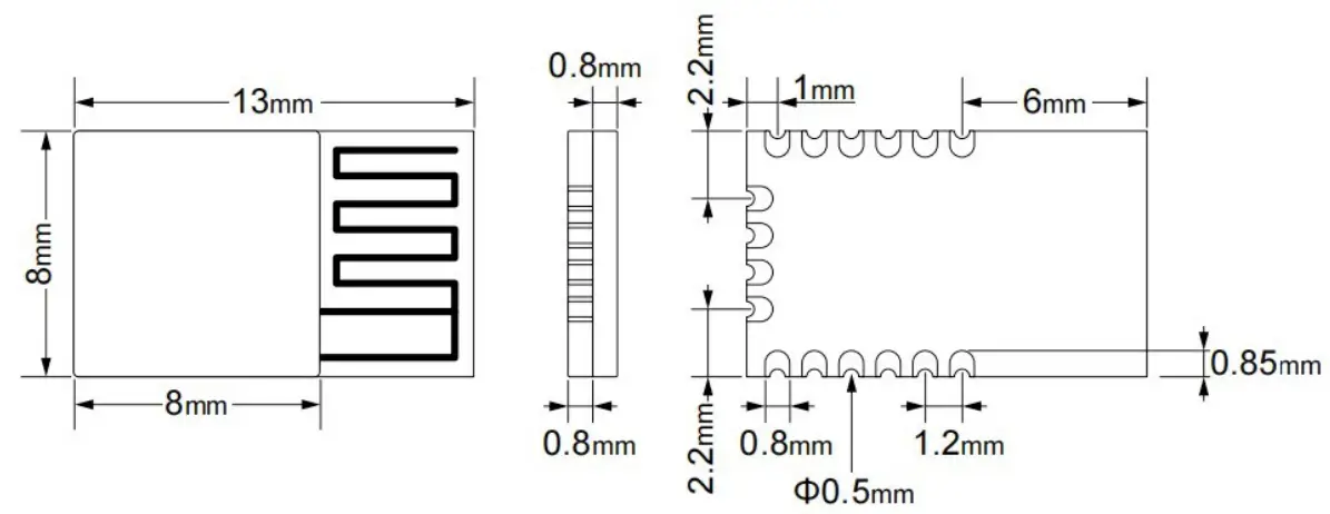 Ehong EH-MC25 Bluetooth Low Energy 5.2 And 2.4G Wireless MCU IoT Module - Dimensional View