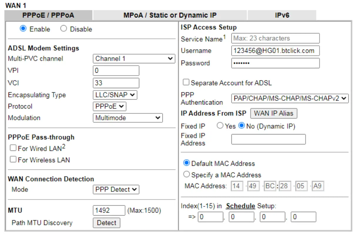 PPPoE connection with FTTC VDSL2