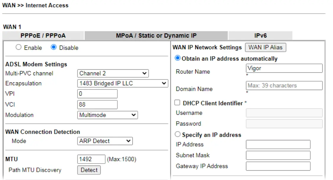 DHCP / Static IP connection with FTTC VDSL2