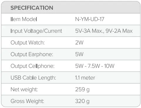 Newell N-YM-UD17 4 In 1 Inductive Charger Instruction Manual - Specification