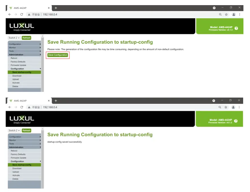 VigilLink AMS-4424P LUXUL PoEplus GbE Managed Switch - Reboot