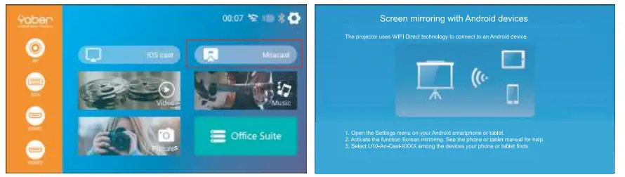 Yaber U10 Native 1080P Entertainment LCD Projector - Miracast menu