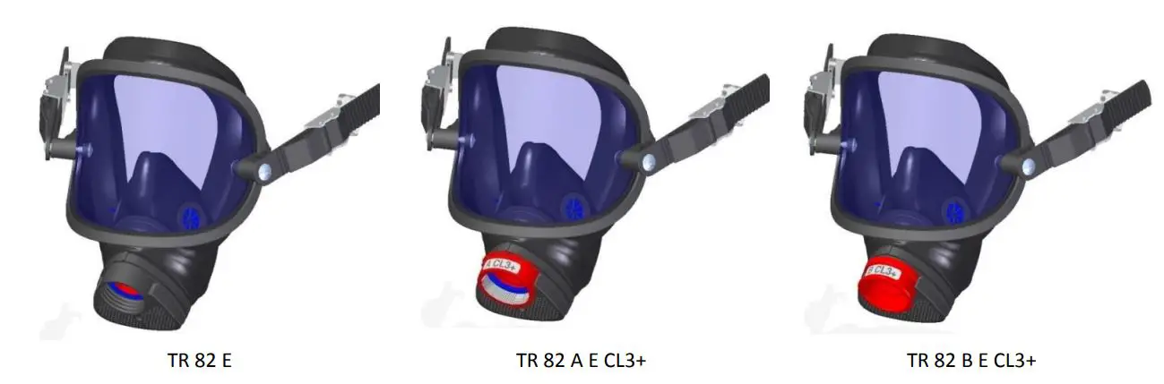 Spasciani TR 82 E Full Face Mask for Helmet Connection - Model 3 is a positive pressure full face masks with a DIN 58600 bayonet connector