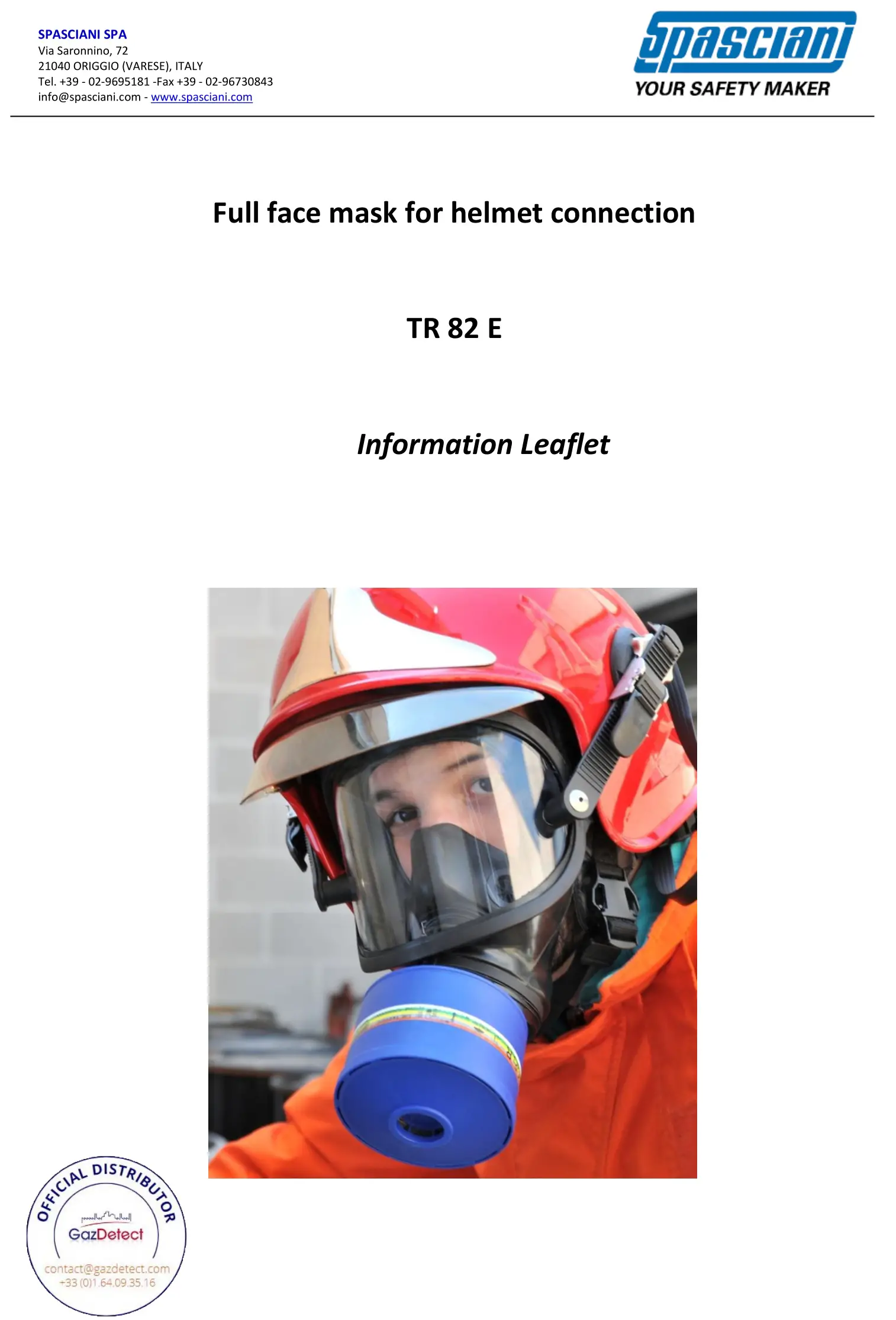 Spasciani TR 82 E Full Face Mask for Helmet Connection User Manual