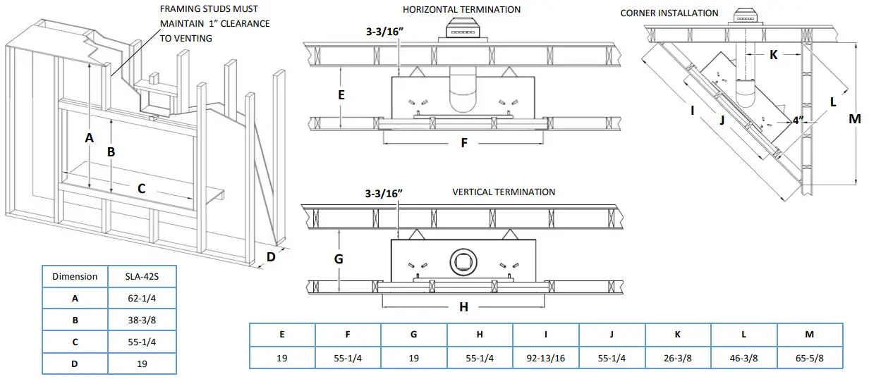 KOZY HEAT Slayton 42S Direct Vent Fireplace - FRAMING STUDS MUST