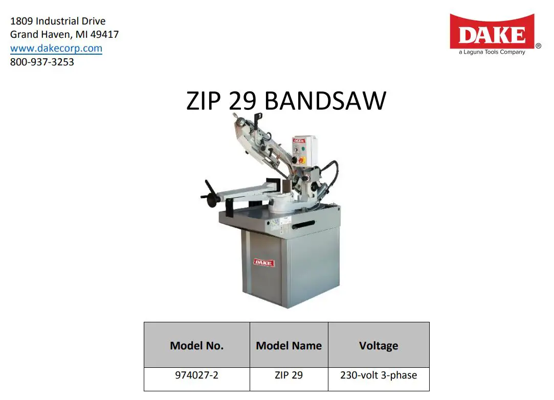DAKE ZIP 29 BANDSAW Instruction Manual