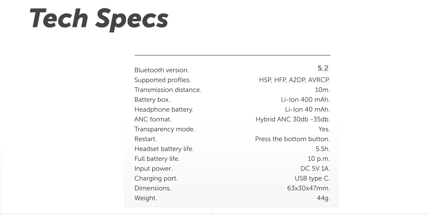 TOZO NC2 ANC Noise Cancelling Headphones - Tech Specs