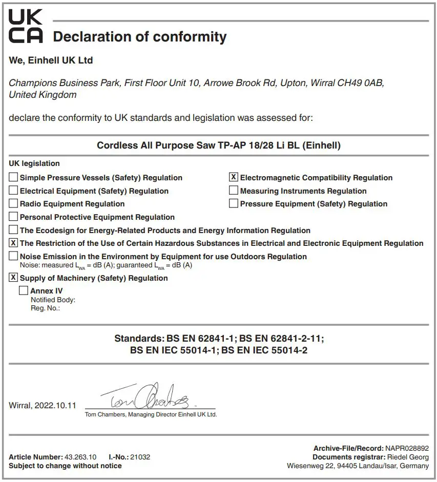 Einhell TP-AP 18 Universal Cordless Saw Instruction Manual - Declaration of conformity