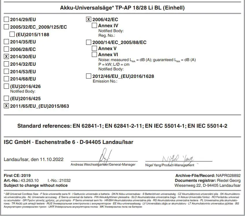 Einhell TP-AP 18 Universal Cordless Saw Instruction Manual - Signature