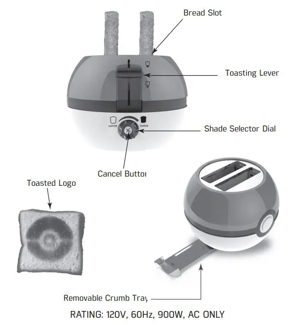 POKEMON TSTE-POK-PK1 Pokeball Two Slice Toaster User Manual - Main Components