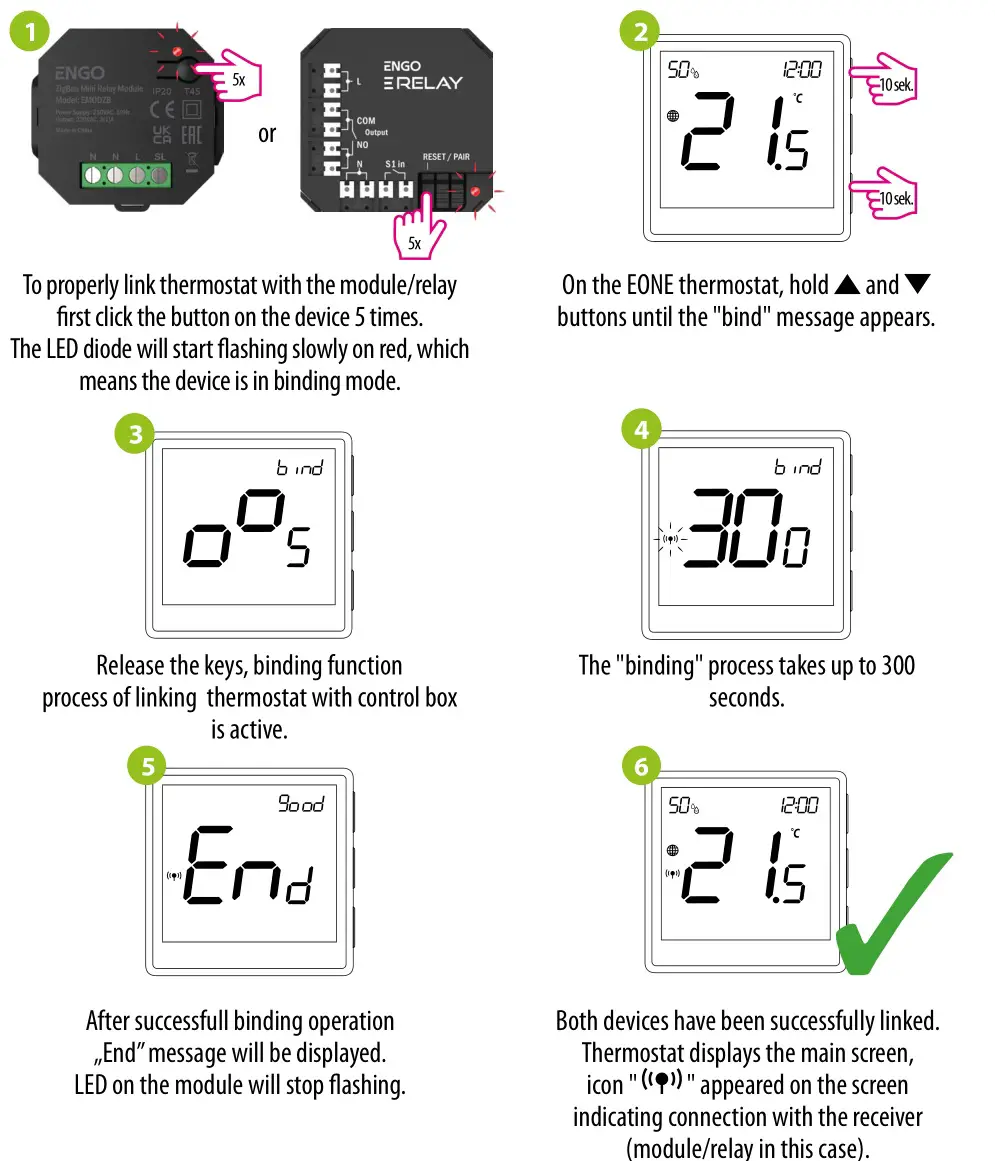 ENGO CONTROLS EONEBATW, EONEBATB Internet Controlled Thermostat - Binding thermostat with the module relay