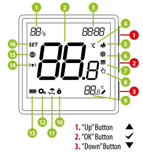 ENGO CONTROLS EONEBATW, EONEBATB Internet Controlled Thermostat - LCD Icon Description + Button Description