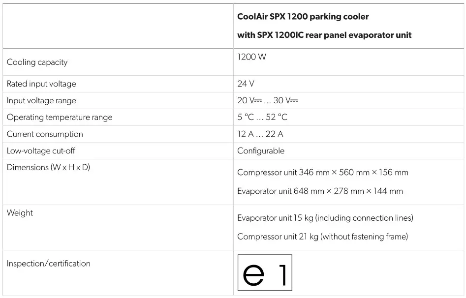 DOMETIC SPX1200I Climate Control Coolair - Technical data