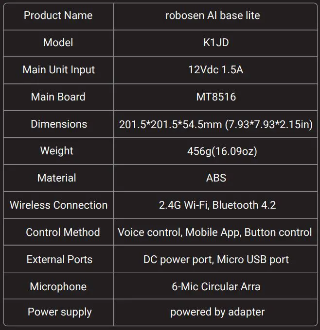 robosen K1JD AI Base Lite Open Platform User Guide - PRODUCT SPECIFICATION