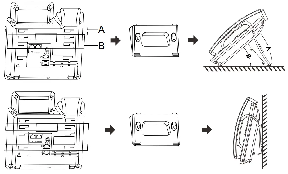 Attach the stand to the IP Phone, as shown below: