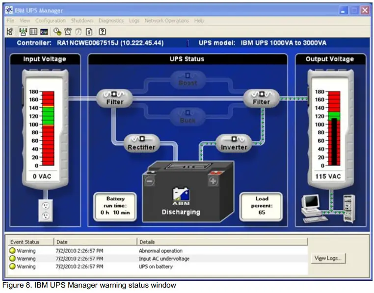 Lenovo IBM 1500VA LCD 2U Rack Uninterruptible Power Supply - warning status window