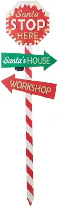 glitzhome 2010200032 Lighted Wooden Santa Stop Here Yard Stake Christmas Yard Decor