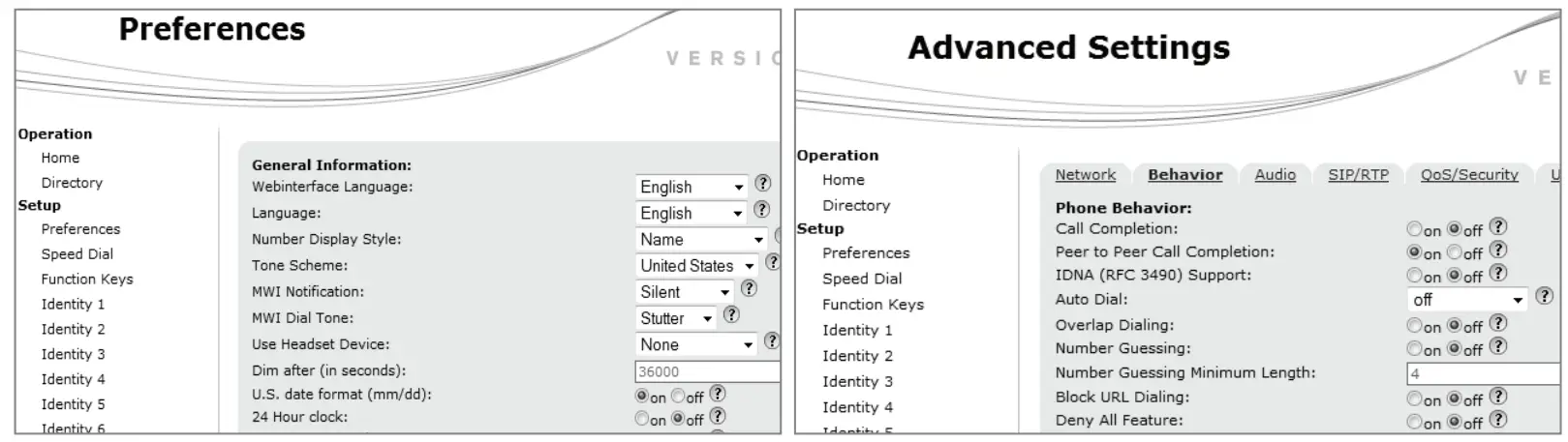 The phone's web interface