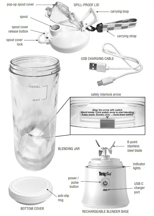 Total Chef TCPUSBB600-L Cordless Portable Blender - FEATURES
