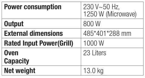 beko MGF 23210 X Microwave Oven - Technical data