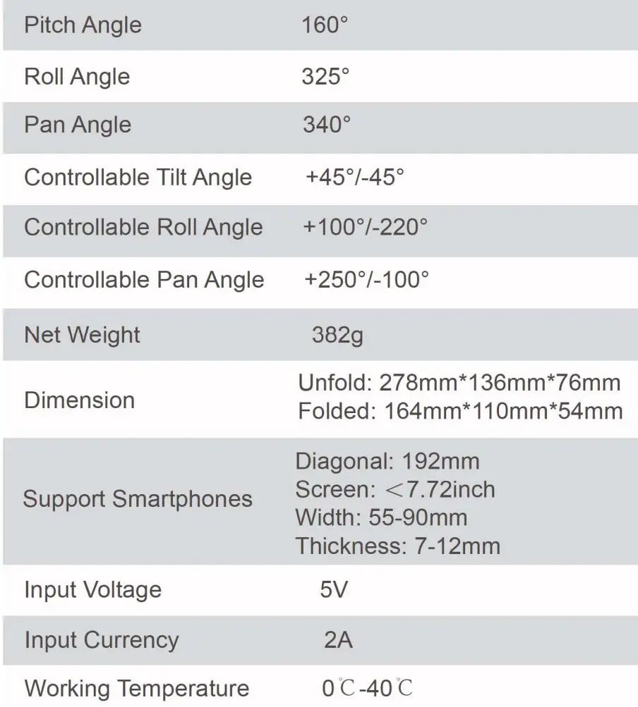 Shenzhen JX ROBOT Technology Co Ltd SPRX8 Smartphone Gimbal User Manual - Specification