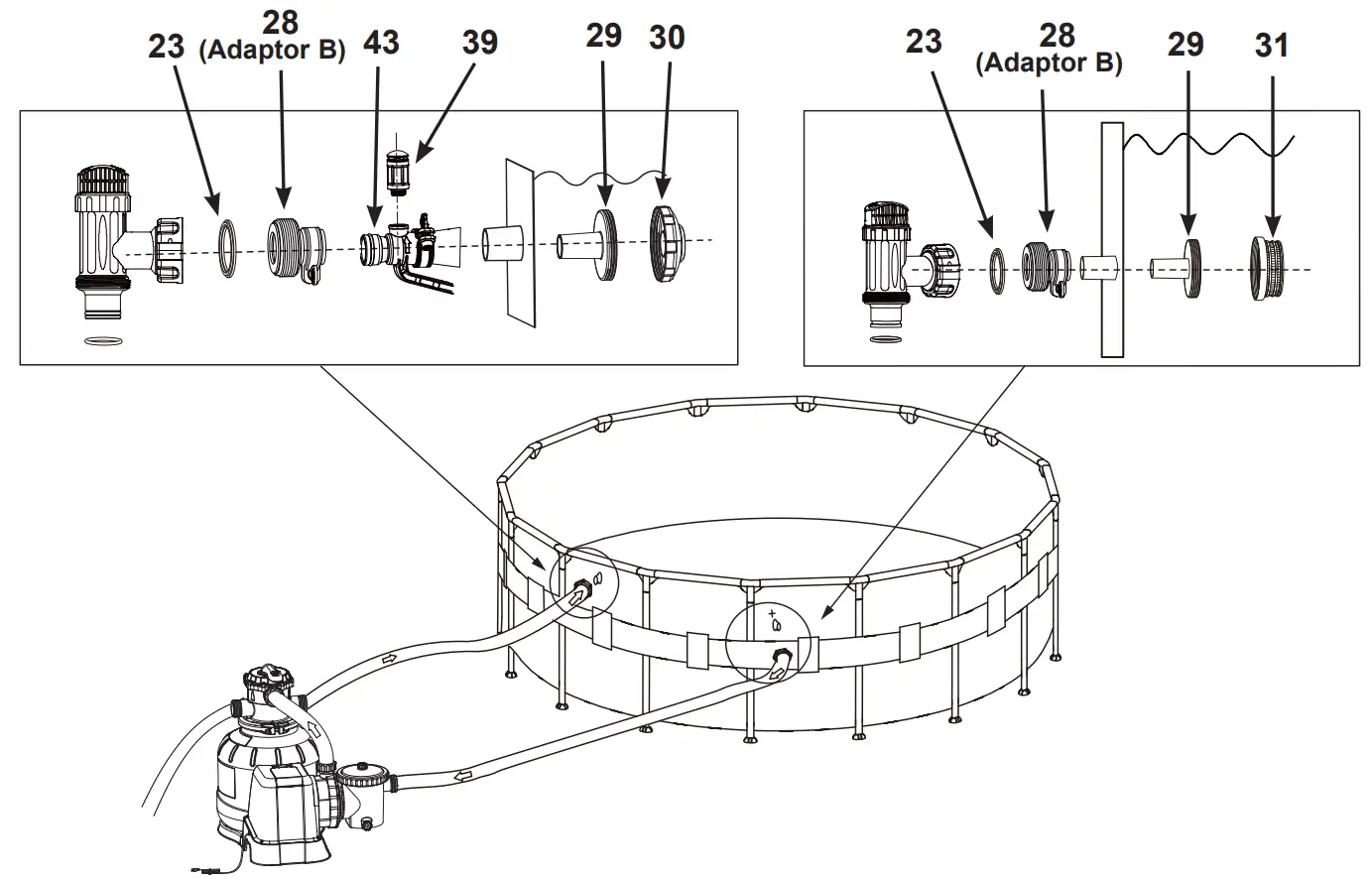 For INTEX pool with 1-1/4” (32mm) connections/hoses: